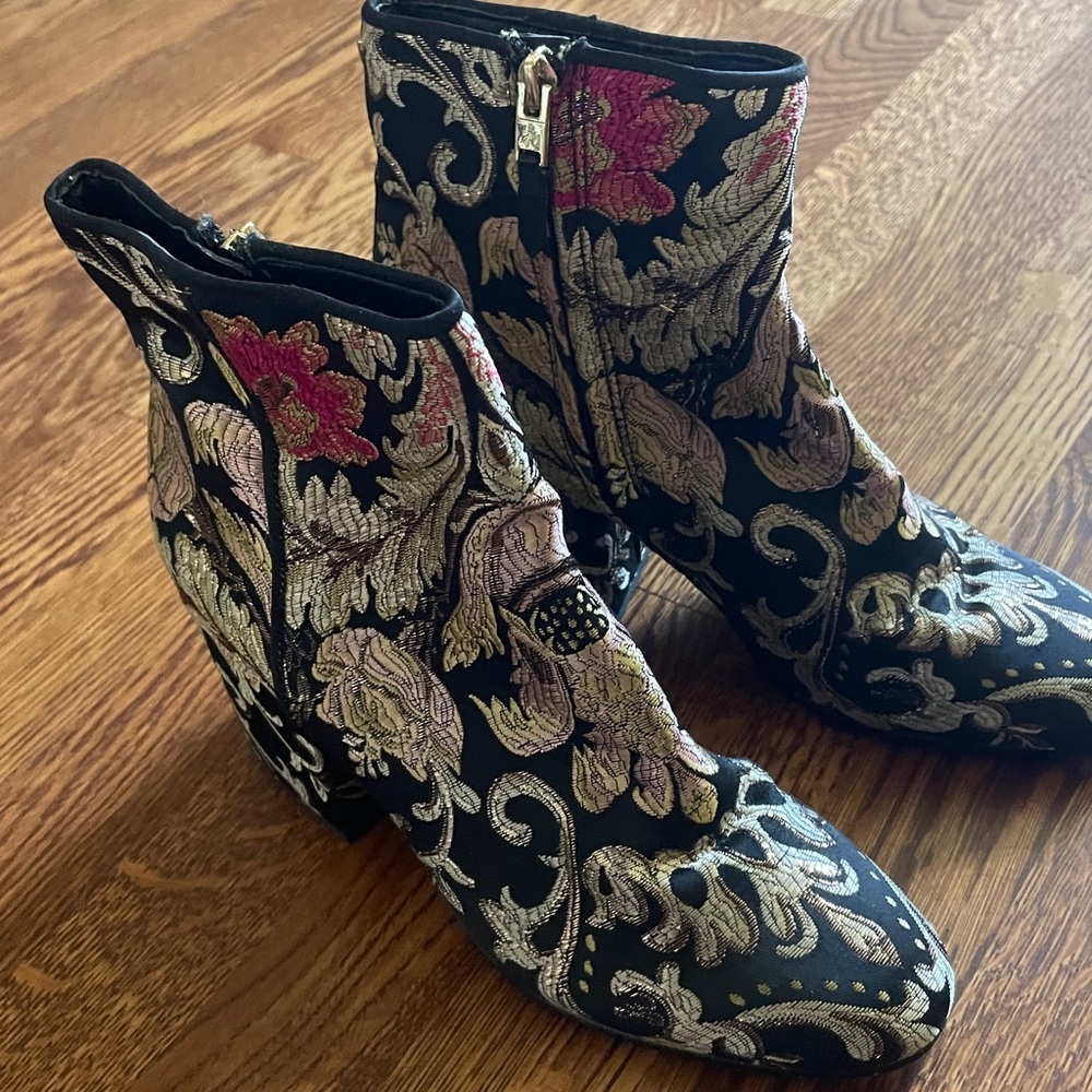 Sam Edelman Black and Pink Embroidered Ankle Boots